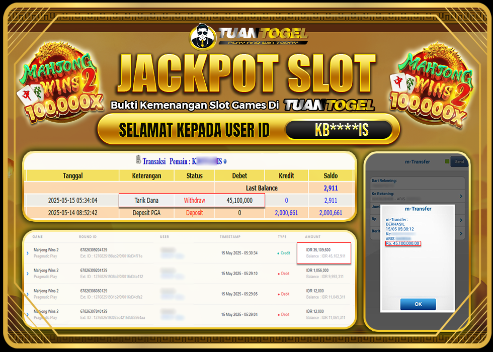 TUANTOGEL JACKPOT SLOT MAHJONG WINS 2 Rp45.100.000 - LUNAS